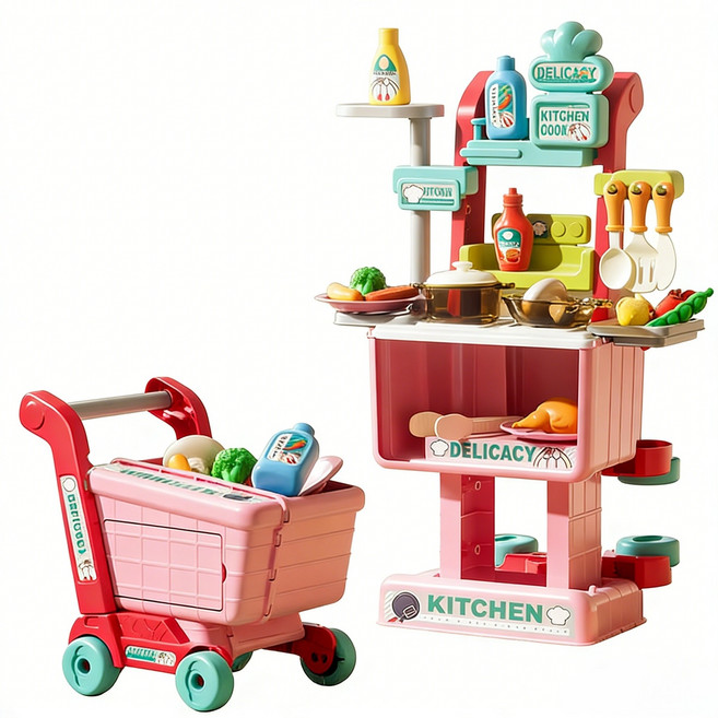 SUUNI 어린이 소꿉놀이 장난감 미니 주방 쇼핑 카트 요리 조리 도구 여자 어린이 코스프레 장난감, 1세트, 핑크색