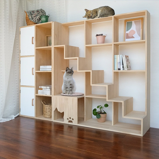 고양이서가 집사5호 책장 원목 캣타워(+4단 멀티수납 책장 포함), 1세트