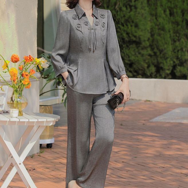 중년 여성 봄 가을 정장세트 슬림핏 긴팔 브이넥 투피스 캐주얼 하객록 통바지 상하세트SYW