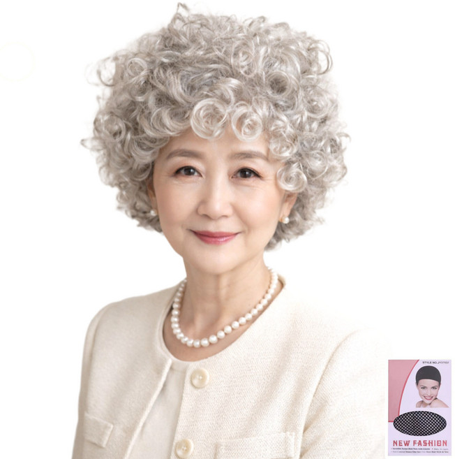 반짝이는 일상 할머니 가발 뽀글머리 +가발망 우아한 은발, 1개