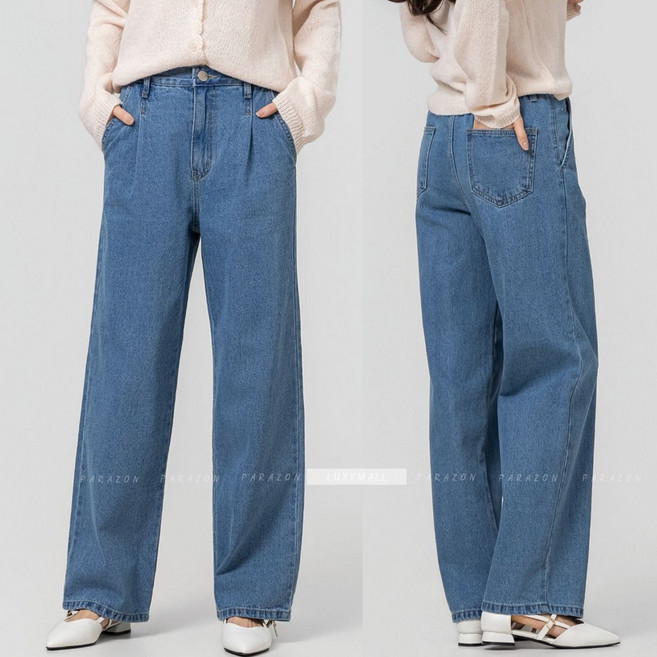 여성 핀턱 배기 청바지 세미 와이드 주름 바지 (국내산) 9709 여자 봄 밴딩 데님 팬츠