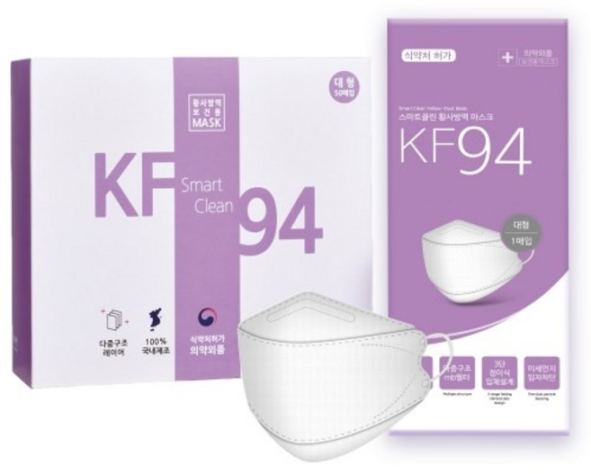 스마트클린 황사방역 마스크 대형 KF94 흰색, 50개입, 2개