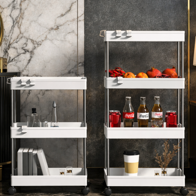 폭12.5cm 라운드데이 스텐프레임 이동식 트롤리 틈새수납장 3단/4단, 화이트