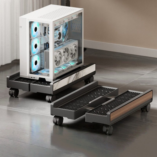 폭 조절 가능 컴퓨터 본체 받침대 이동식 PC 캐리어 거치대 바퀴형, 1개, 검정 나무 무늬 색