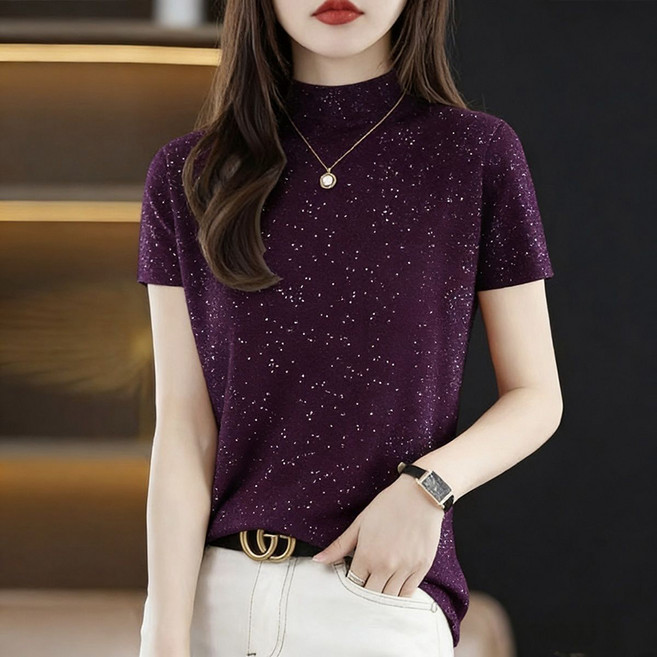 메인워크 중년 여성 빅사이즈 반폴라 반팔티 여름 냉장고 엄마룩 슬림핏 이너 터틀넥 속건 솔리드 베이직 상의