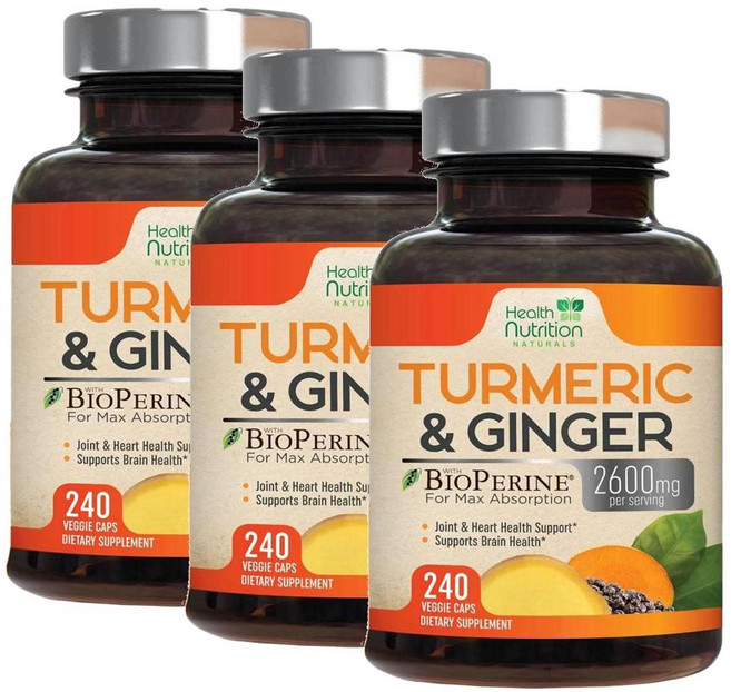 헬스뉴트리션 터메릭 커큐민 2600mg 바이오페린 진저 캡슐 Health Nutrition Naturals Turmeric Curcumin, 3개