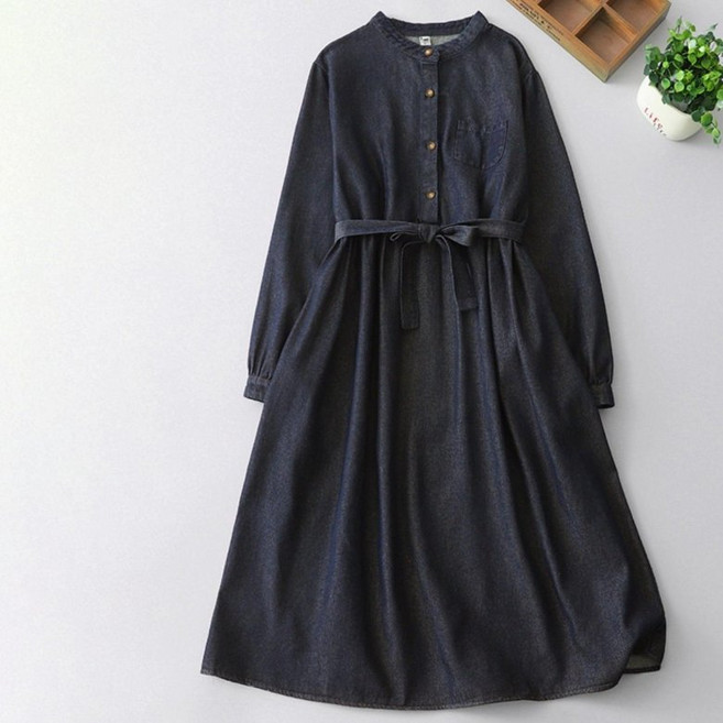 PEROLA 여성 가을 긴팔 데님 스커트 라운드 루즈핏 캐주얼 롱원피스