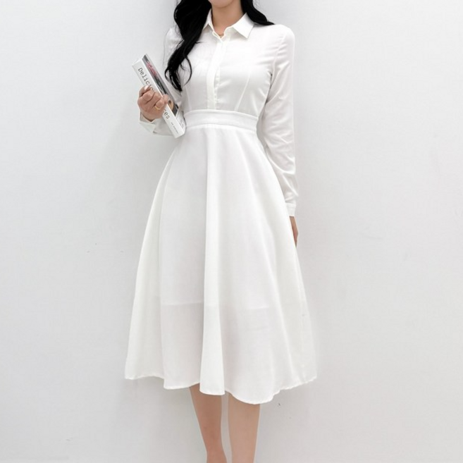 투디 A라인 히든 버튼 셔츠 카라 쉬폰 플레어 롱원피스 오피스룩 하객룩 4컬러
