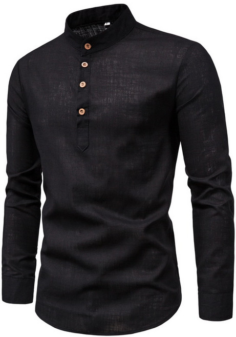 男士襯衫 長袖棉麻立領半開衫