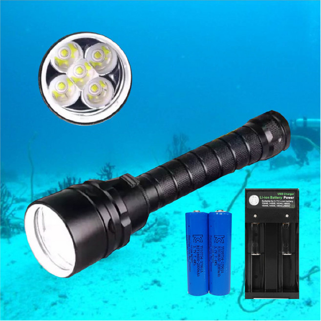 5구 수중랜턴 방수후레쉬 XML-T6 해루질 써치라이트 배터리포함 충전기포함 잠수 후레쉬 등산 낚시 랜턴 SIZE 20CM, 수중랜턴+배터리2개+2구충전기