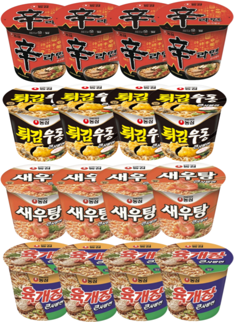 농심 큰컵4종 (신라면4입+새우탕4입+튀김우동4입+육개장큰사발4입) 총16입, 16개