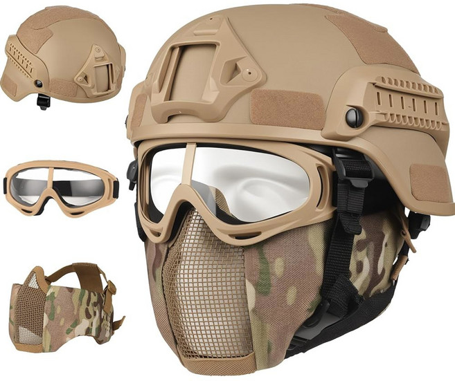 VPZENAR 에어소프트 헬멧 블랙 전술 마스크 메시 탄성 발라클라바 마스크 안티 포그 고글 풀페이스 보호 액세서리 군용 장비, B/MICH-Camo, 1개