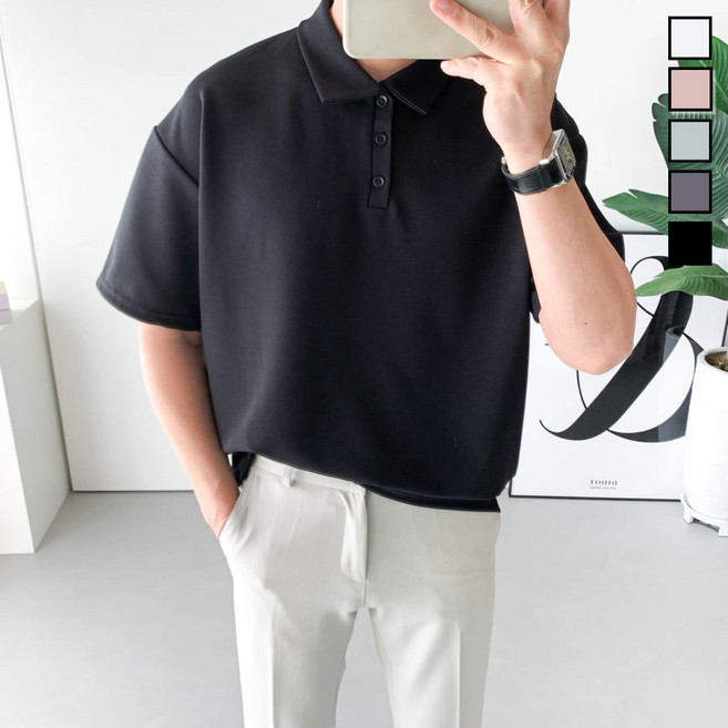 놈시크 95-110 오버핏 남자 반팔 단추 헨리넥 브이 카라 링클프리 스판 여름 티셔츠