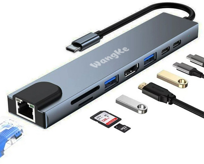 WangKe Type-C多功能擴展塢 USB3.0/HDMI/讀卡機/網路接口 PD快充鋁合金集線器, 黑灰色, 1個