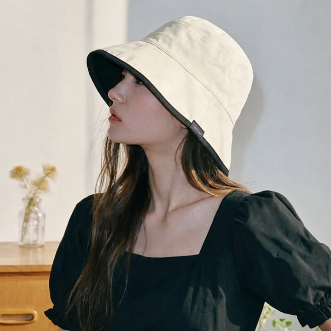 Ouua 여성 벙거지 여름모자 양면 투톤 자외선차단 끈 버킷햇