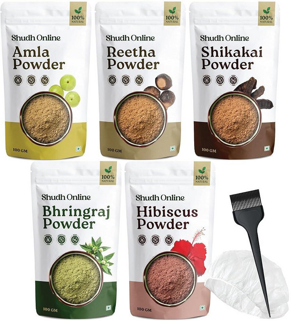 허브 헤어 마스크 파우더 콤보 을 위한 인도 아유르베다 (0.5kg(1파운드) 500g) 브링라즈 히비스커스 시카카이 리타 암라 샴푸 (각 99.2g(3.5온스), 허브 헤어 마스크 파우더 콤보, 을 위한 인도 아유르베, 500g