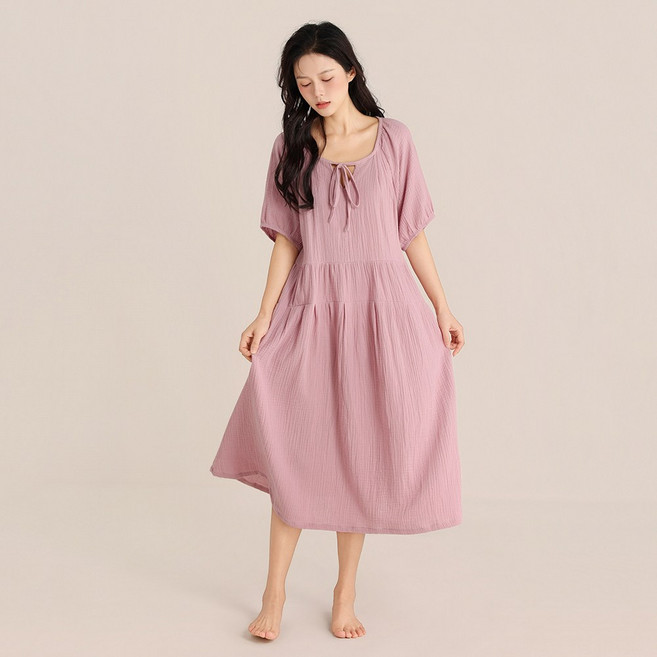 여성 100% 순면 러블리 잠옷 원피스 통기성 좋은 반팔 롱 가운 봄여름 홈웨어