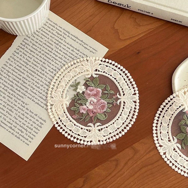 法式復古刺繡蕾絲杯墊 裝飾碗墊, 1個, 蕾絲杯墊,4塊