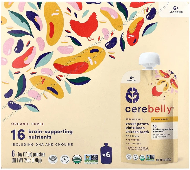 Cerebelly 유기농 퓨레 6개월 이상 고구마 핀토콩 커민이 함유된 닭육수 파우치 6개 각 113g(4oz) Cerebelly (세레벨리), Cerebelly, 유기농 퓨레, 6개월 이상, 고구마 - 쿠팡