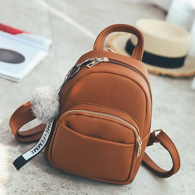 【MDMS】迷你後背包女 時尚休閒 多功能收納, 棕色(送圖片小毛球飾品）, 棕色(送圖片小毛球飾品）