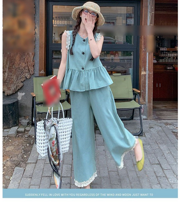 여성 여름 흰색 프릴 데님 조끼 팬츠 상하복 여자 a라인 청조끼 와이드 청바지 세트