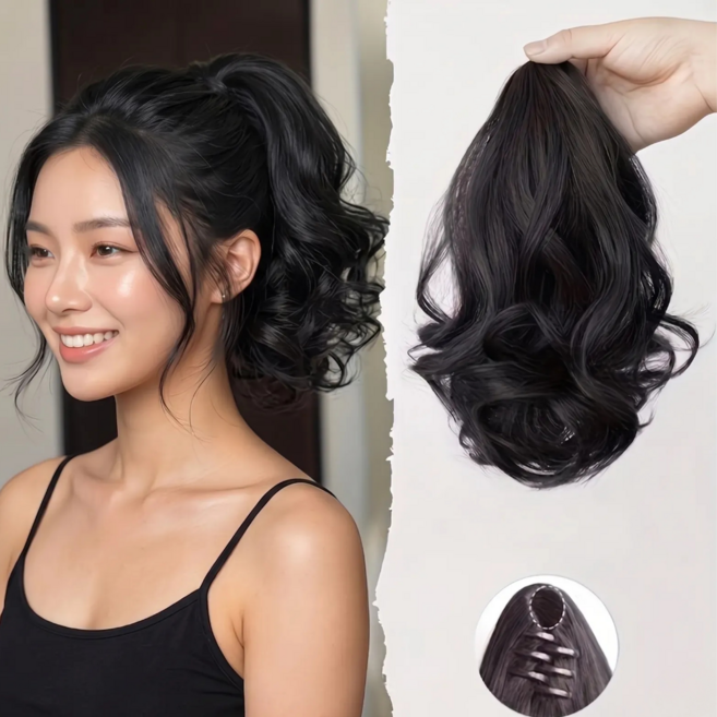 몬티르 똥머리되는 집게형 연예인 포니테일 가발 35cm, 1개, 내추럴 블랙