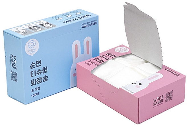 화이트래빗 순면100% 티슈형 화장솜 플레인/홀타입 (100매) 스킨팩 닦토 토너팩 무형광 무표백 아기 국산 프리미엄 인생화장솜, 100매입, 1개