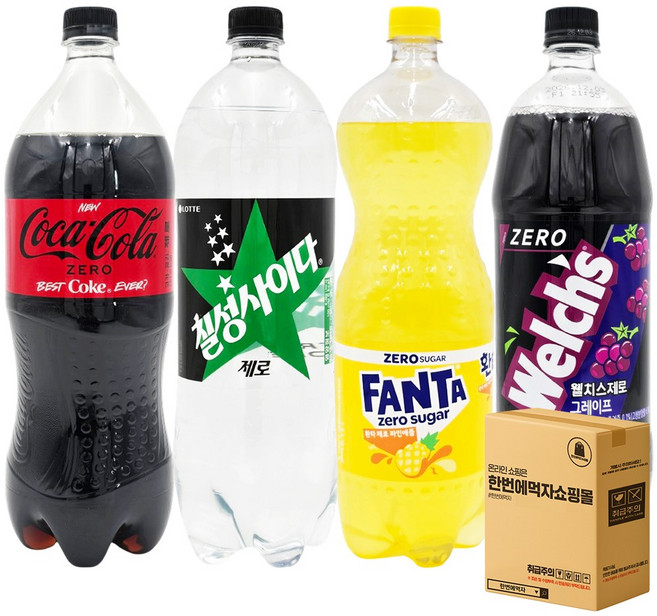[한번에먹자] 제로 탄산음료 세트 1.5L 4종 혼합 코카콜라 제로 + 칠성사이다 제로 + 웰치스 제로 포도 + 환타 파인애플 제로 저칼로리 대용량 식자재 당구장 업소용 사무실, 4개