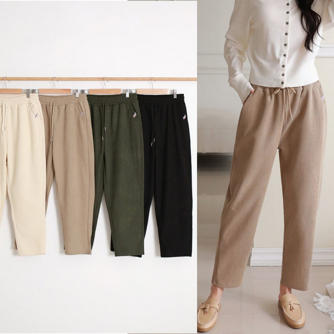 겨울 신상품 깜짝 할인~ 여성 편안한 골덴 기모 밴딩 일자 슬림 배기 팬츠 여자 코듀로이 스판 바지 블랙 아이보리 카키 베이지 빅사이즈