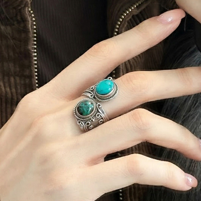 여성 축제 행사 무대 빈티지 보헤미안 터키석 크롬스타일 프리사이즈 반지 A2751