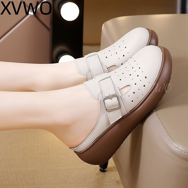 XVWO 여성용 반슬리퍼 통기성 좋은 절개 디자인 평평한 바닥 여름 외출용 반드래곤 신발 편안한 반슬리퍼