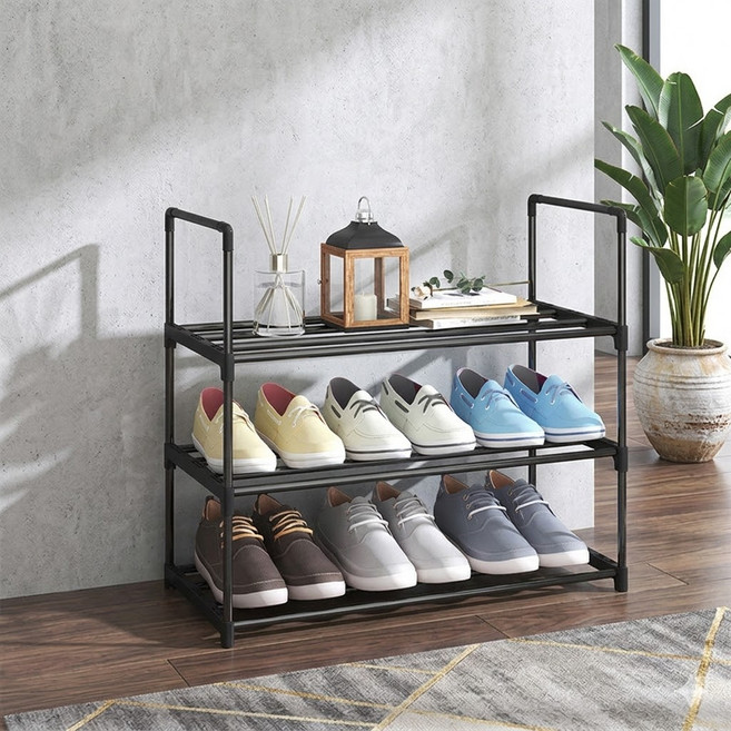 현관 신발정리대 간이 신발장 철제 슈즈랙, 3단, 블랙심플형