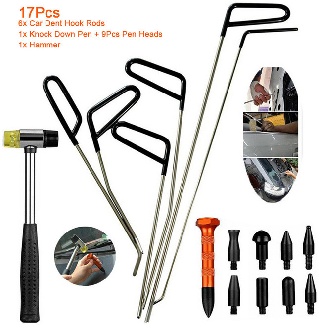 덴트풀러 6/17Pcs 자동차 덴트 수리 후크 스테인레스 스틸 푸시로드 바디 제거 크로우 바 키트 딩 우박 풀러 세트, 17Pcs, 1개