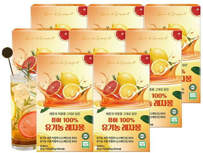 퓨어 100 유기농 레자몽 레몬 자몽즙 14포 x 8박스 (총 112포), 퓨어 100% 레자몽 레몬 자몽즙 14포 x 8박스 (, 280g