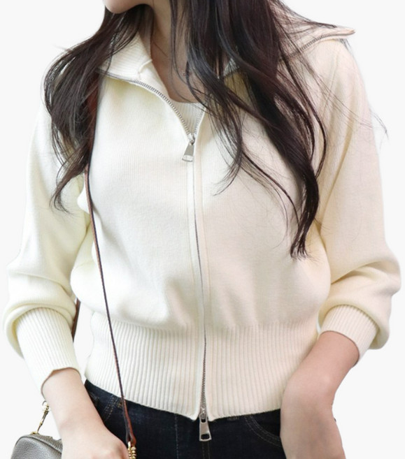 메리앤유 도톰 레이온 소재 더블 지퍼 카라 집업 니트 가디건