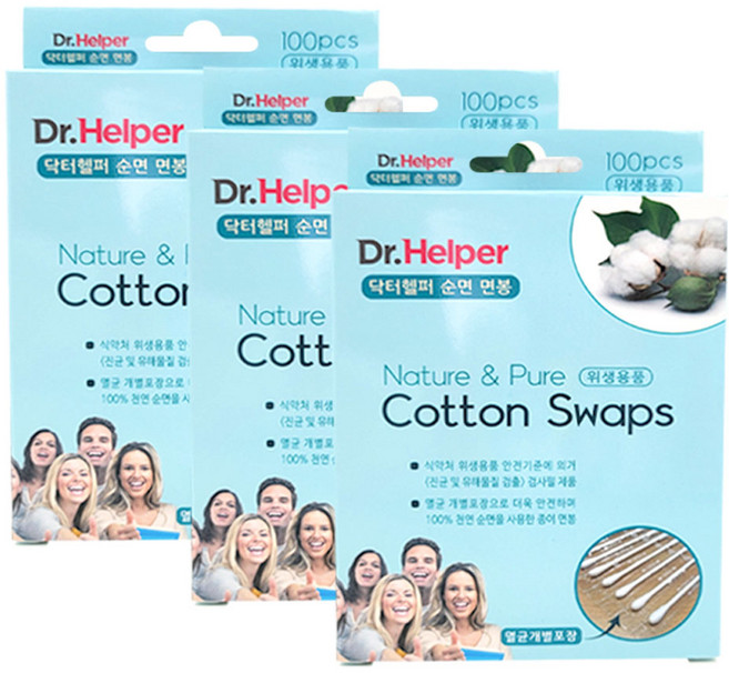 닥터헬퍼 순면 성인 면봉 100p X 3개 개별포장 멸균면봉, 100개입
