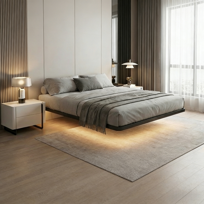 YAPOGI 플로팅 침대프레임 무소음 튼튼 매트리스 프레임, 블랙