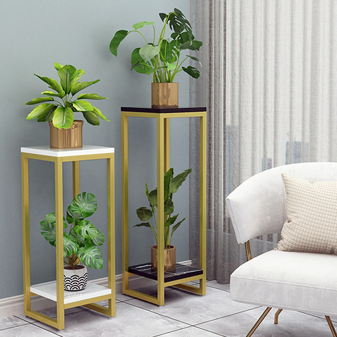 MK 화분진열대 (NO2002시리즈) 2단 화분받침대 선반 철재 화분정리대, 골드앤블랙