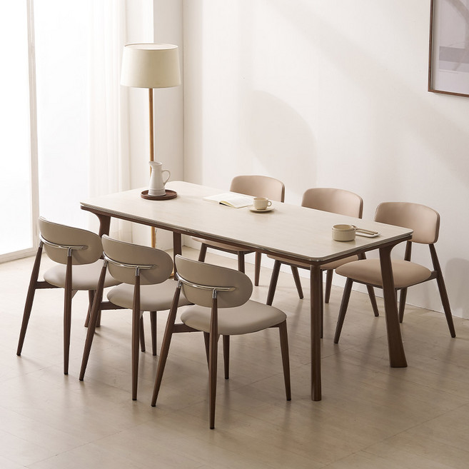 파로마 이즈 디바 1800 포세린 세라믹 6인 식탁 세트(식탁 의자6), 화이트, 내추럴