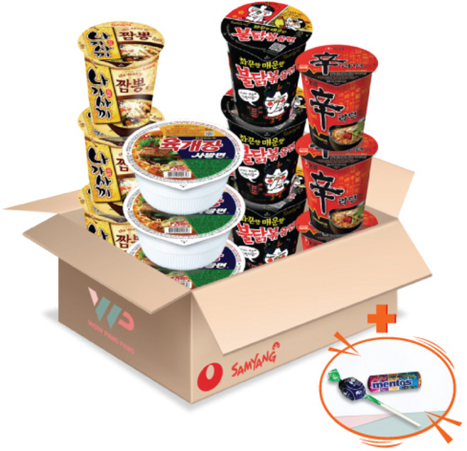 농심 삼양 컵라면 소컵 4종 혼합세트 육개장사발면 3컵+신라면 3컵+불닭볶음면 3컵+나가사끼짬뽕 3컵 총 12컵입 미니 멘토스+투시팝 사탕 사은품 2종 증정, 1개