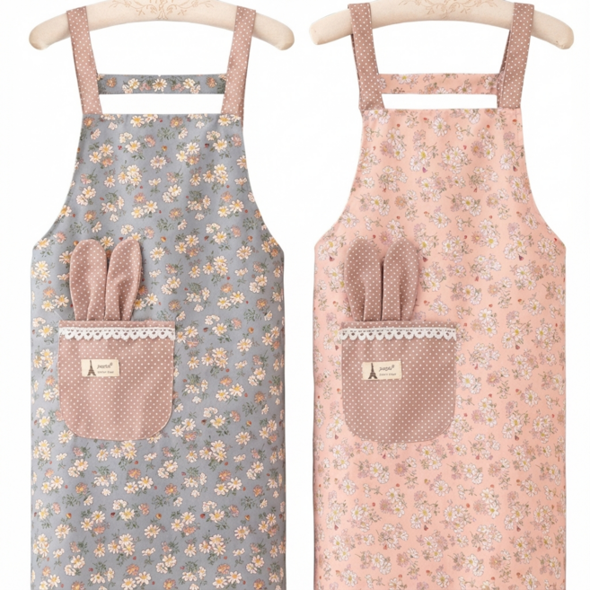 CLUBUNI 주방 방수 플라워 린넨 앞치마 2개, 1세트, 블루+핑크
