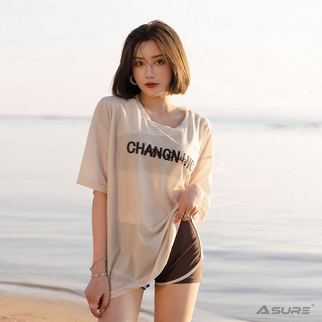 Asure 여름 여성 반팔 나시 반바지 수영복 쓰리피스, 커피색