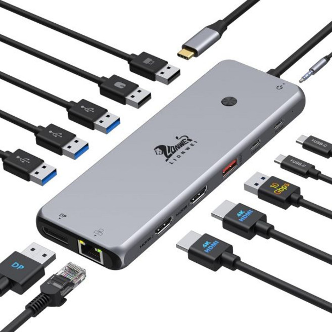LIONWEI USB C 도킹 스테이션 듀얼 모니터 13인치 허브 트리플 디스플레이 8개의 CA 포트 이더넷 오디오 MacBook Dell HP Lenovo Surface용 노, 13-in-1