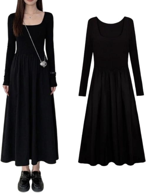 HIN 여성 콤비 네이션 롱 원피스 긴팔 포켓 임산부