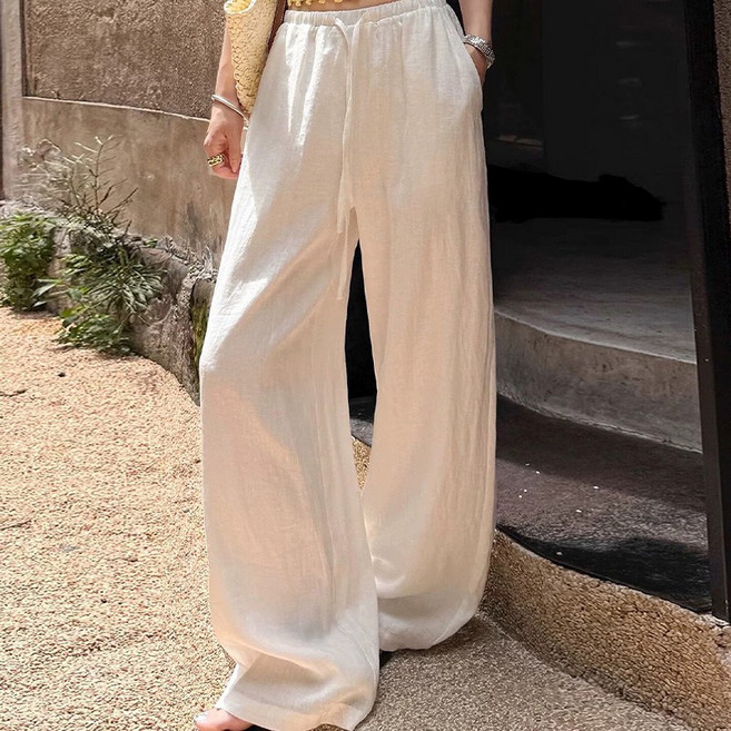 KDNC 여성 세미와이드 와이드슬랙스 핀턱 하이웨스트 밴딩 와이드팬츠