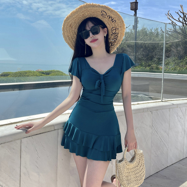 女用裙式連身泳衣 溫泉海邊適用 保守遮肚顯瘦, 3XL