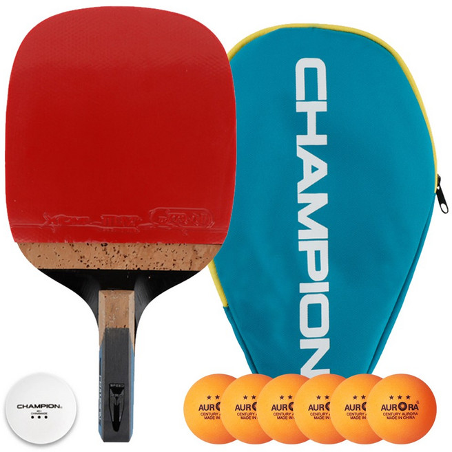 참피온 단면 펜홀더 탁구채 탁구라켓 PREMIER-P 풀케이스 세트 + 오로라탁구공 6입, 1개