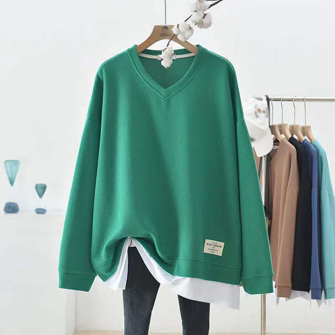 빛깃닥 브이넥 레이어드 긴팔티 빅사이즈 여성티 롱티 루즈핏 미디 맨투맨 봄가을