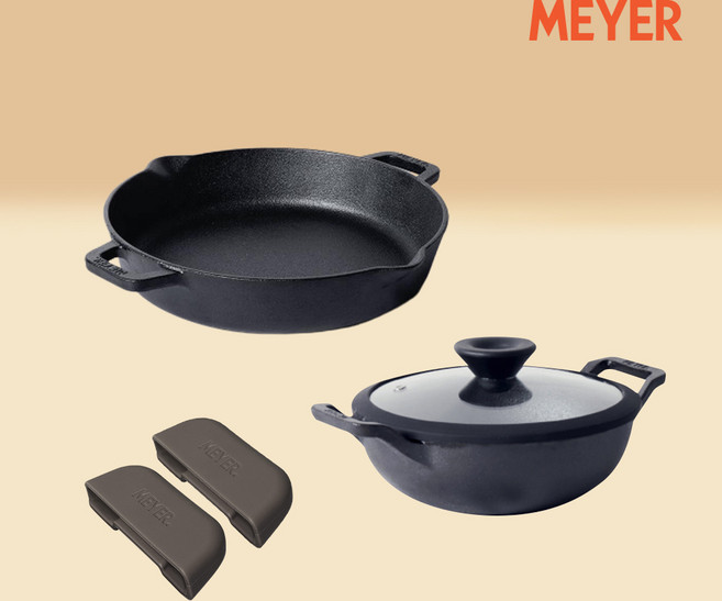 마이어 프리시즈닝 무쇠 주물 양손 프라이팬 베이비웍 3종 세트 (양손24+웍20+ 양손 실리콘 핸들), 1세트