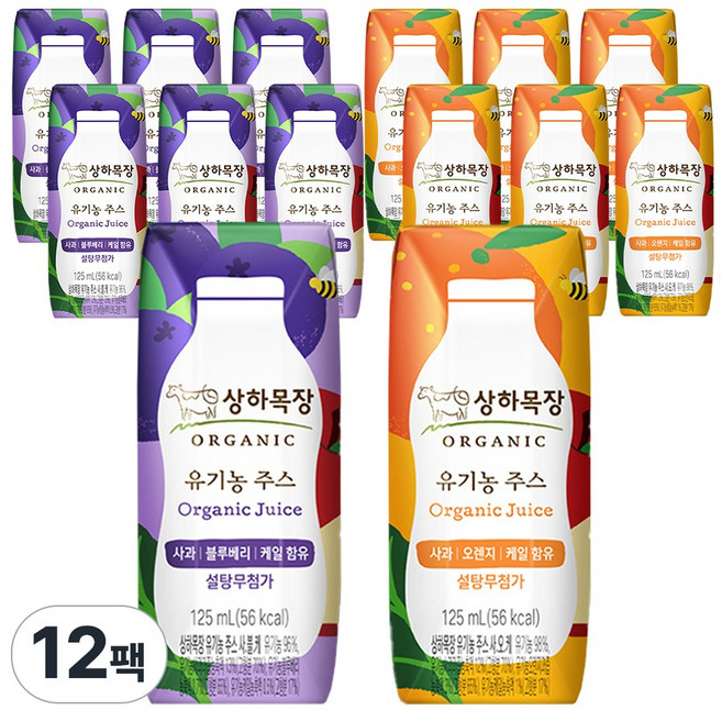 상하목장 유기농주스 125ml 사과오렌지케일 6 + 사과블루베리케일 6 (총 12팩)